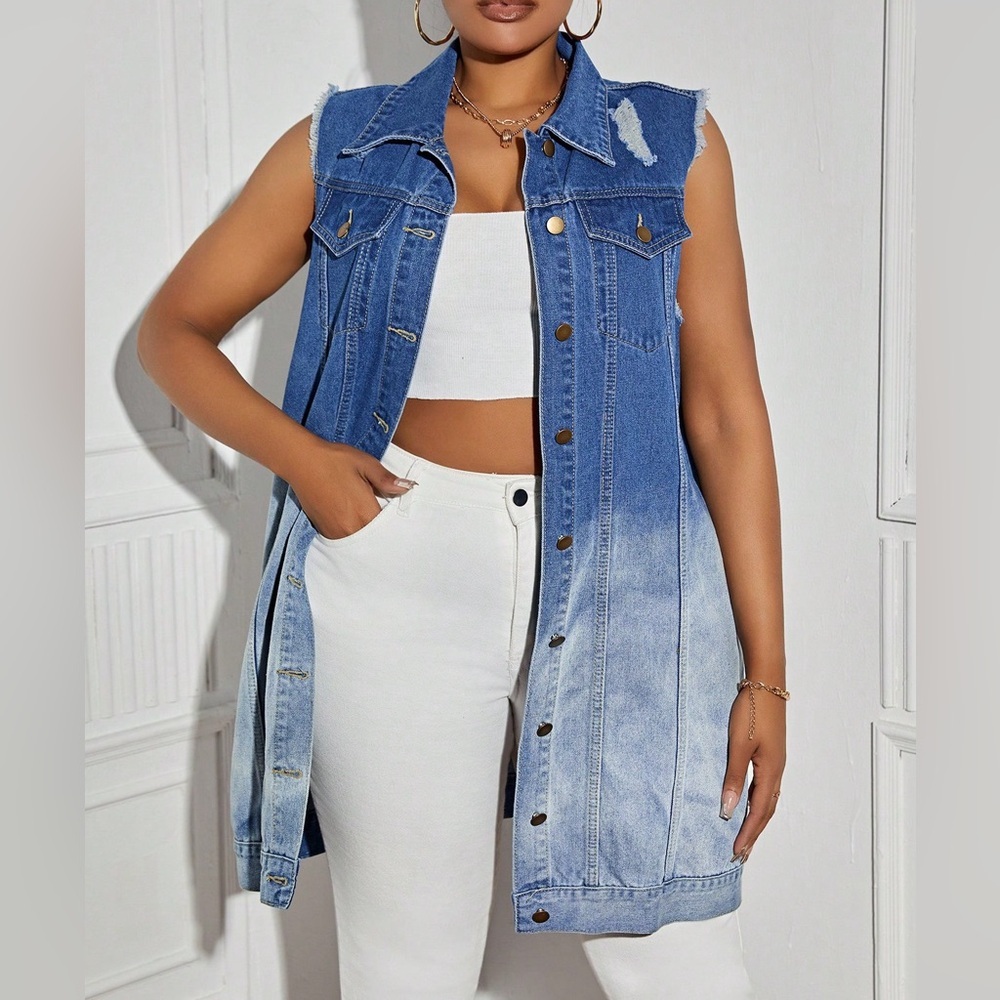 Women's Versatile Color Block Denim Gradient Wash Sleeveless Jacket